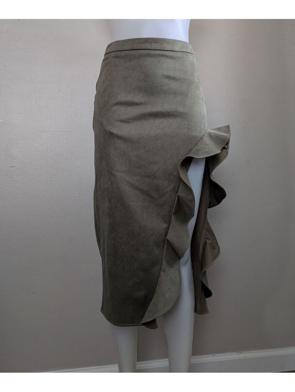 Olive Green Midi Skirt High-waisted Side Slit Ruffled Lane 201 Size Small Womens